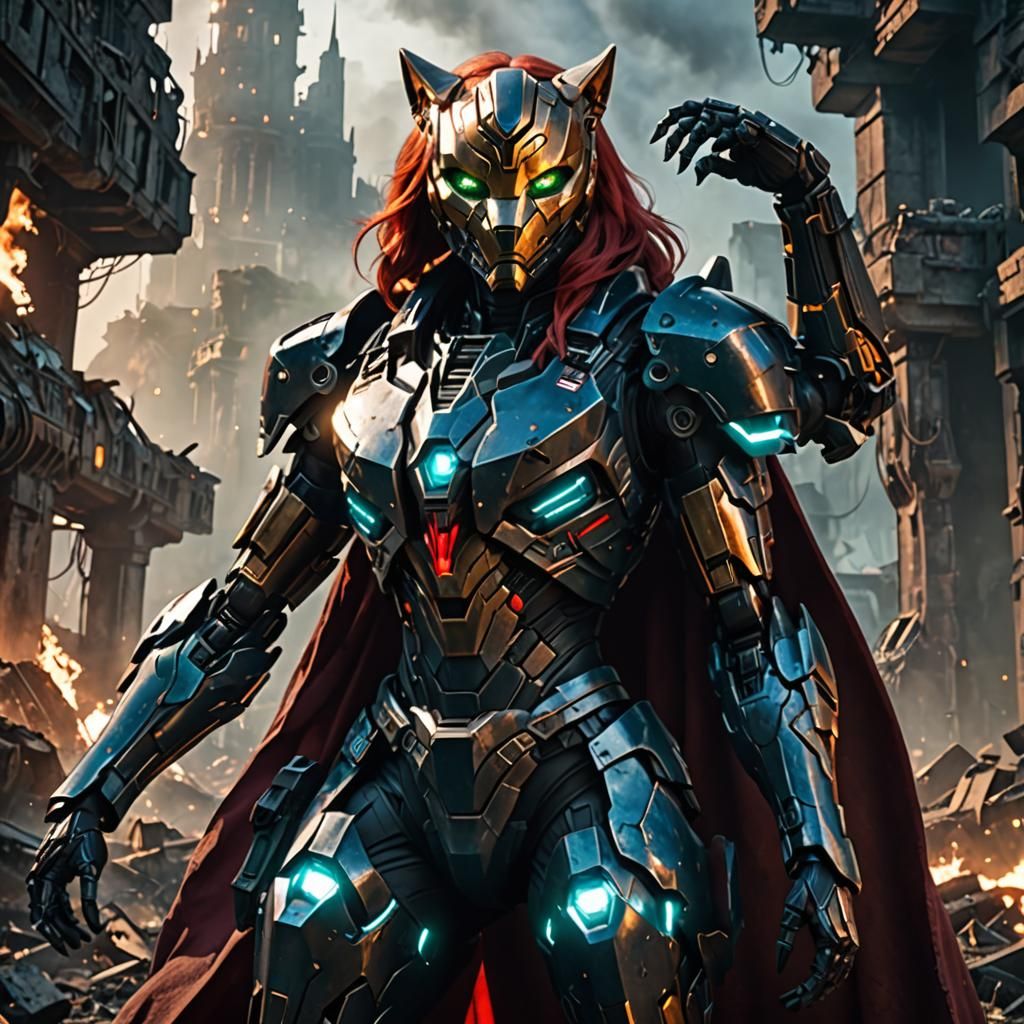 Cyberpunk Cybertronian Walks Through Smoldering Ruins