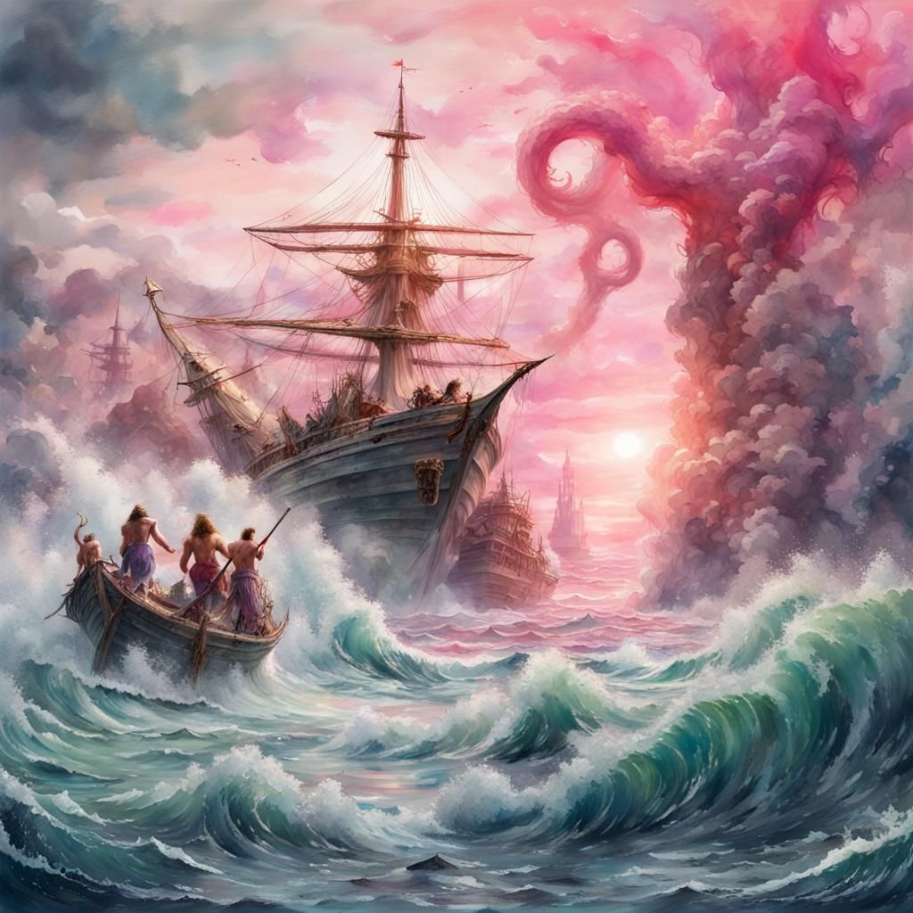8k3d, a raging sea, King Neptune, big figurein front of the picture,  with a trident is seen rising from the sea, 2 merm...