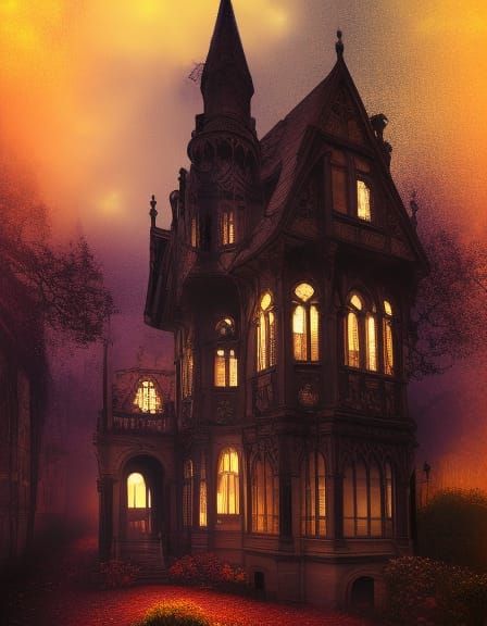 Detailed Gothic Mansion at Night in Painterly Style