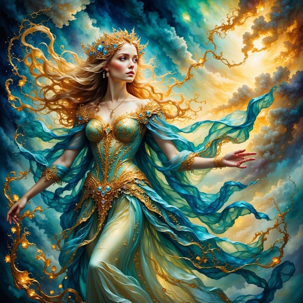 Ethereal Celestial Goddess in Azure Gilded Attire