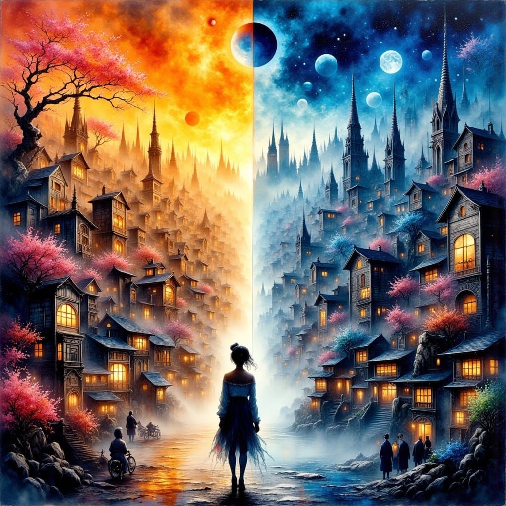 Dual City: Sunlight and Twilight in Abstract Style