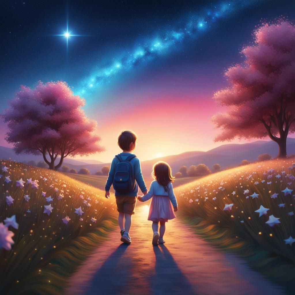 Toddlers Under Starry Sky: A Pastel Painting