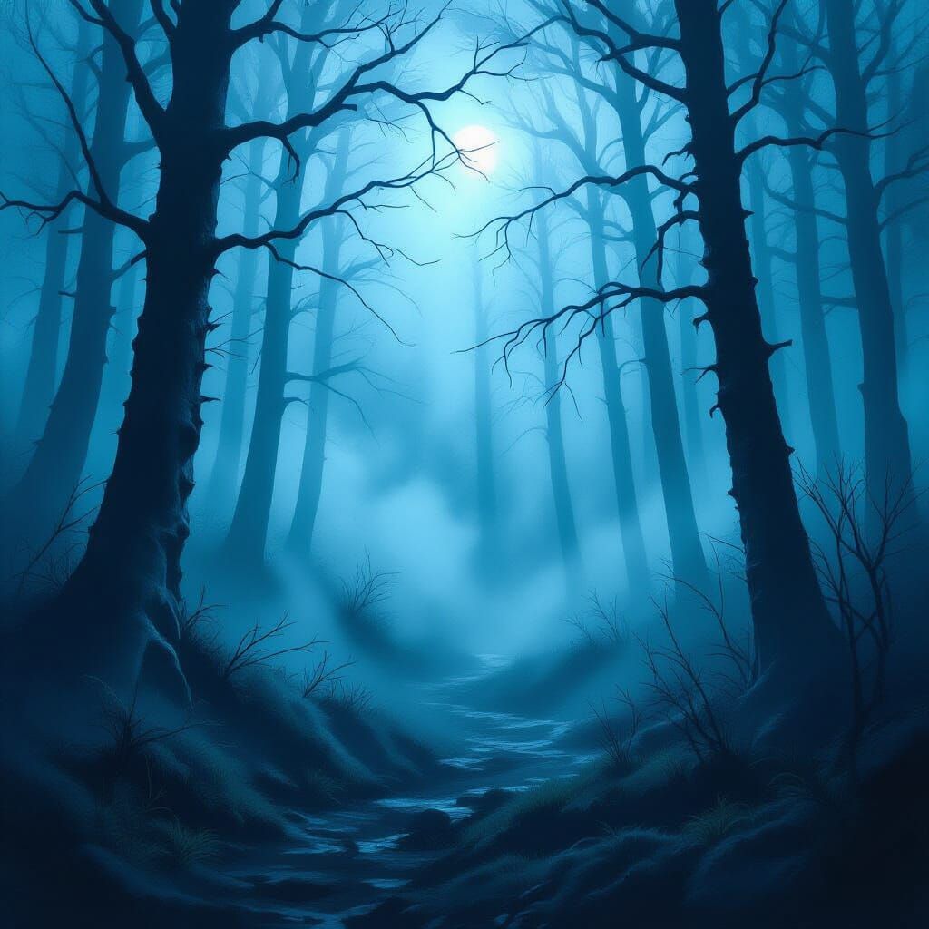 Mysterious Foggy Forest Podcast Cover Art in Digital Paintin...