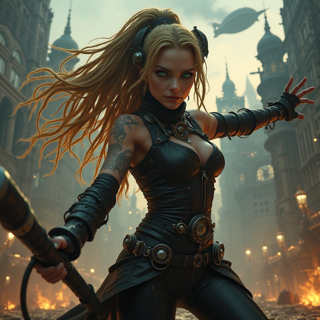 Steampunk Woman in Victorian Cityscape