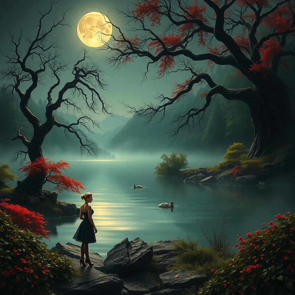 Elegant Woman Stands at the Edge of a Serene Moonlit Lake