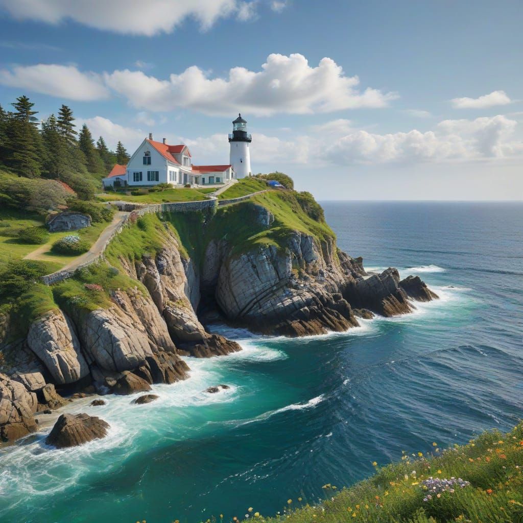 Charming Island Scene with Lighthouse and Cozy House