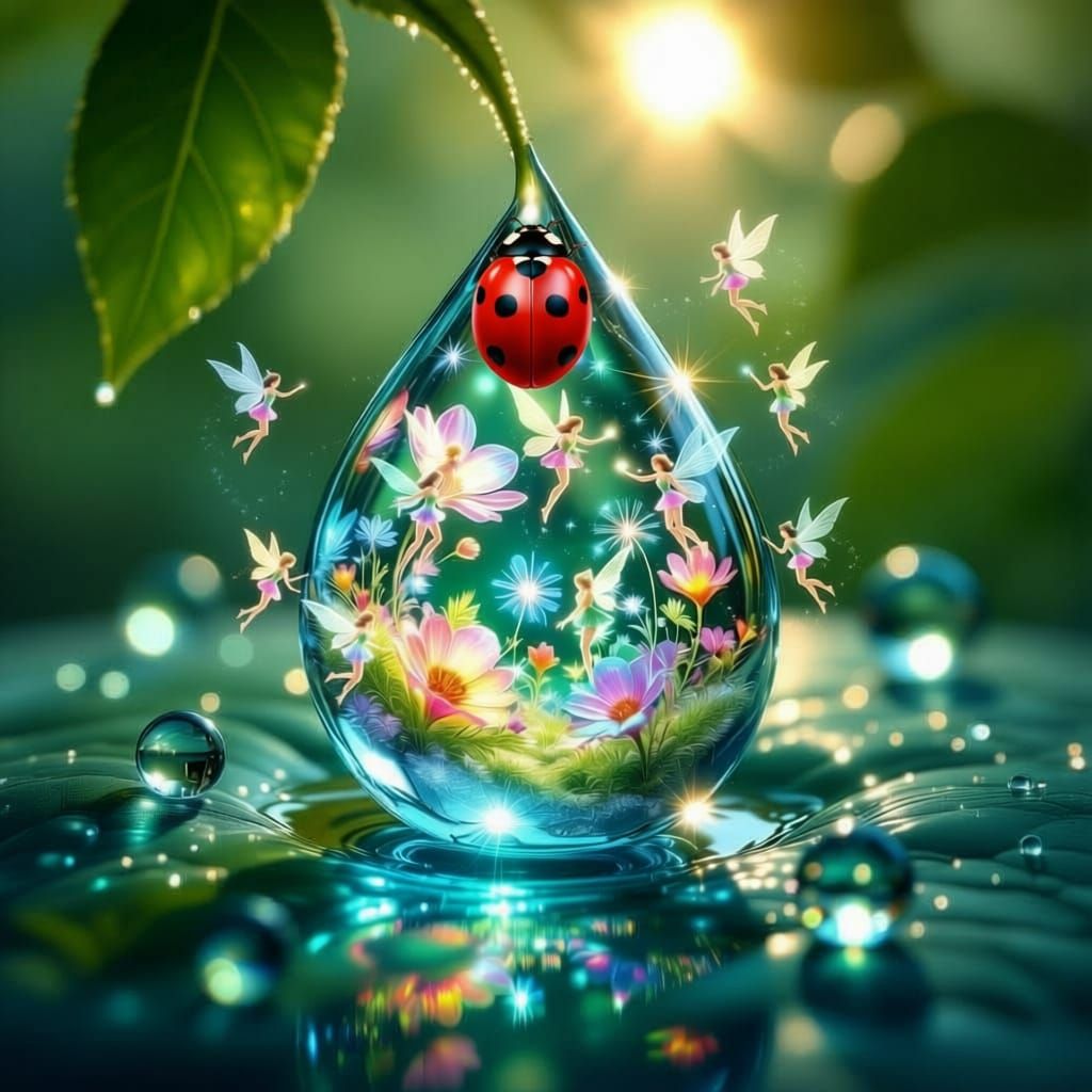 Microscopic Ecosystem in Dewdrop, Hyperrealistic Macro Photo...