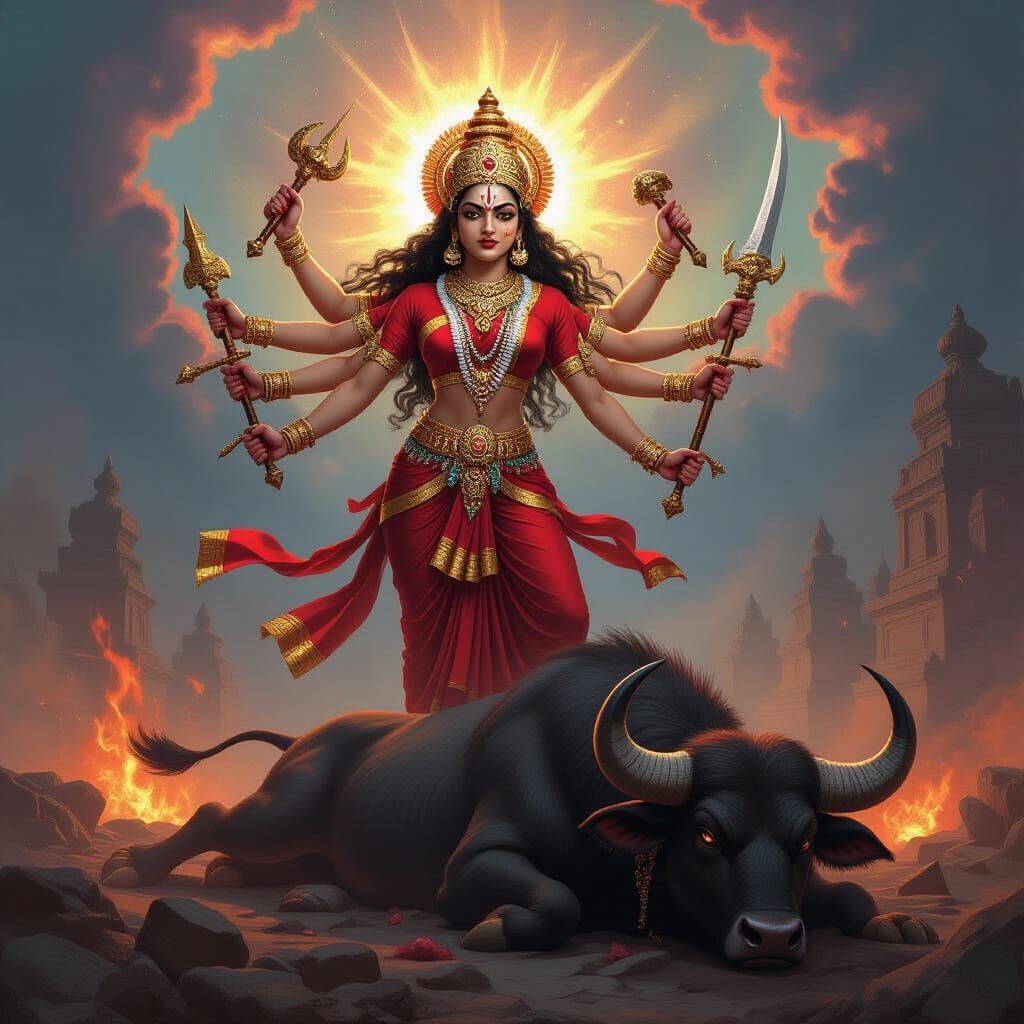 Kali Maa Triumphant Over Mahishasura in Cosmic Battle