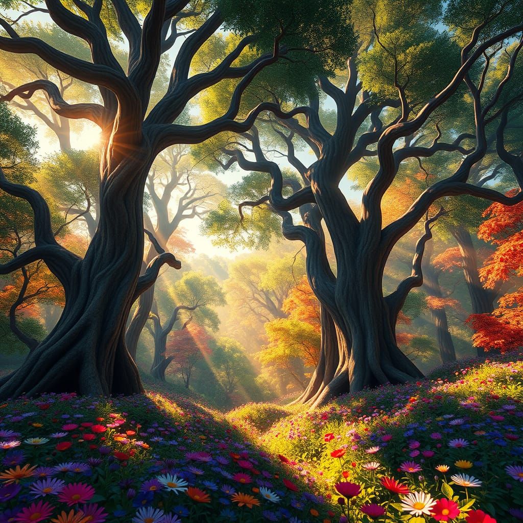 Vibrant Forest Scene in Whimsical Realism Style