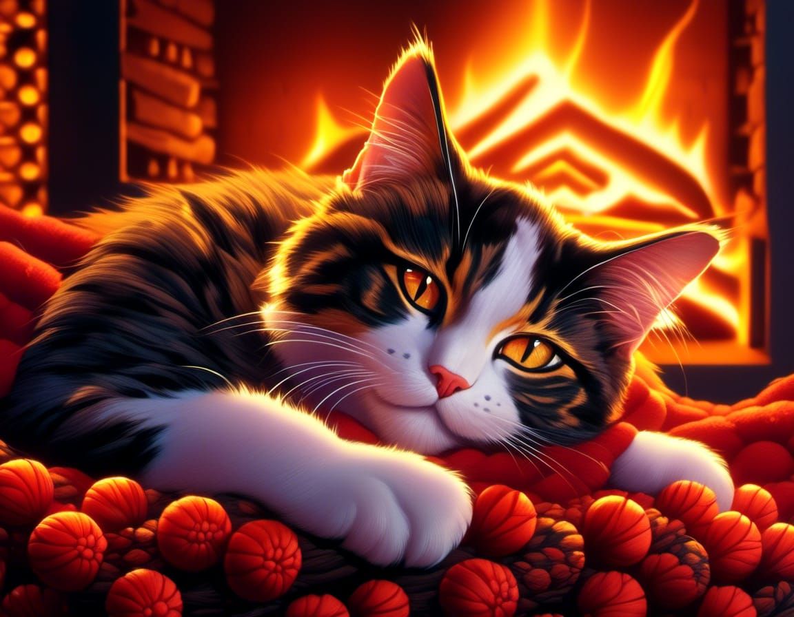 Cozy Cat by Fireplace: Hyperrealistic Illustration