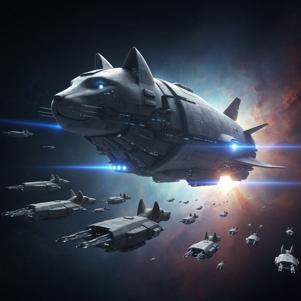 Cat Spaceship Leads Dog Fleet Toward Nebula, Sci-Fi Art