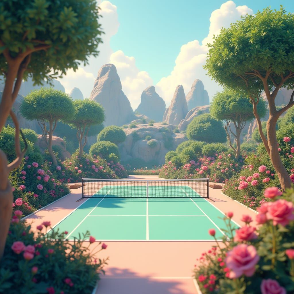 Serene Futuristic Pickleball Oasis in Dreamlike Landscape