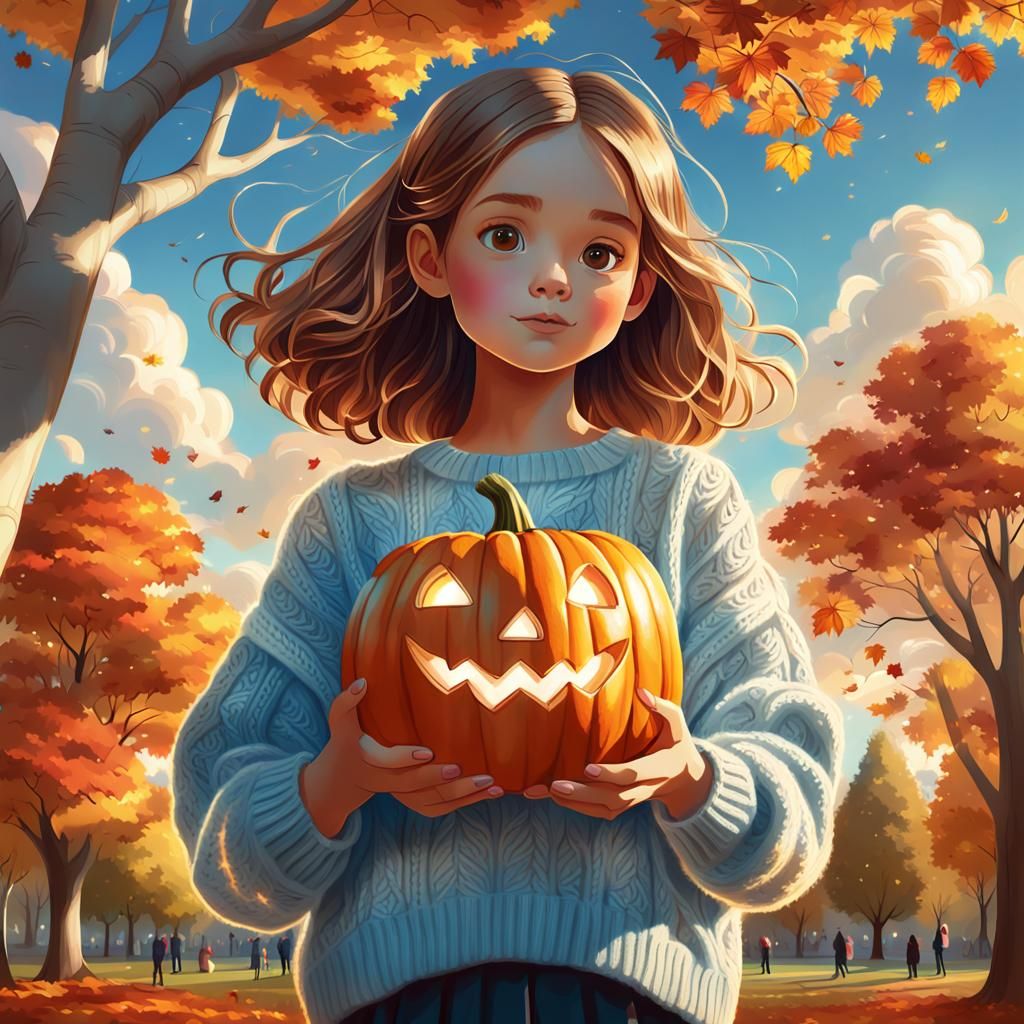 Girl with Pumpkin in Autumn Park, Digital Art