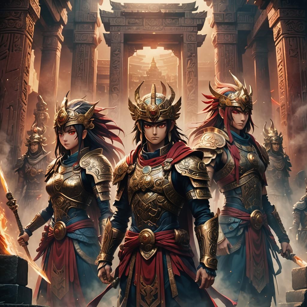 Heroic Anime Warriors in Ancient Temple