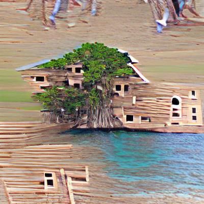 Wooden Building Emerging from Island Trees