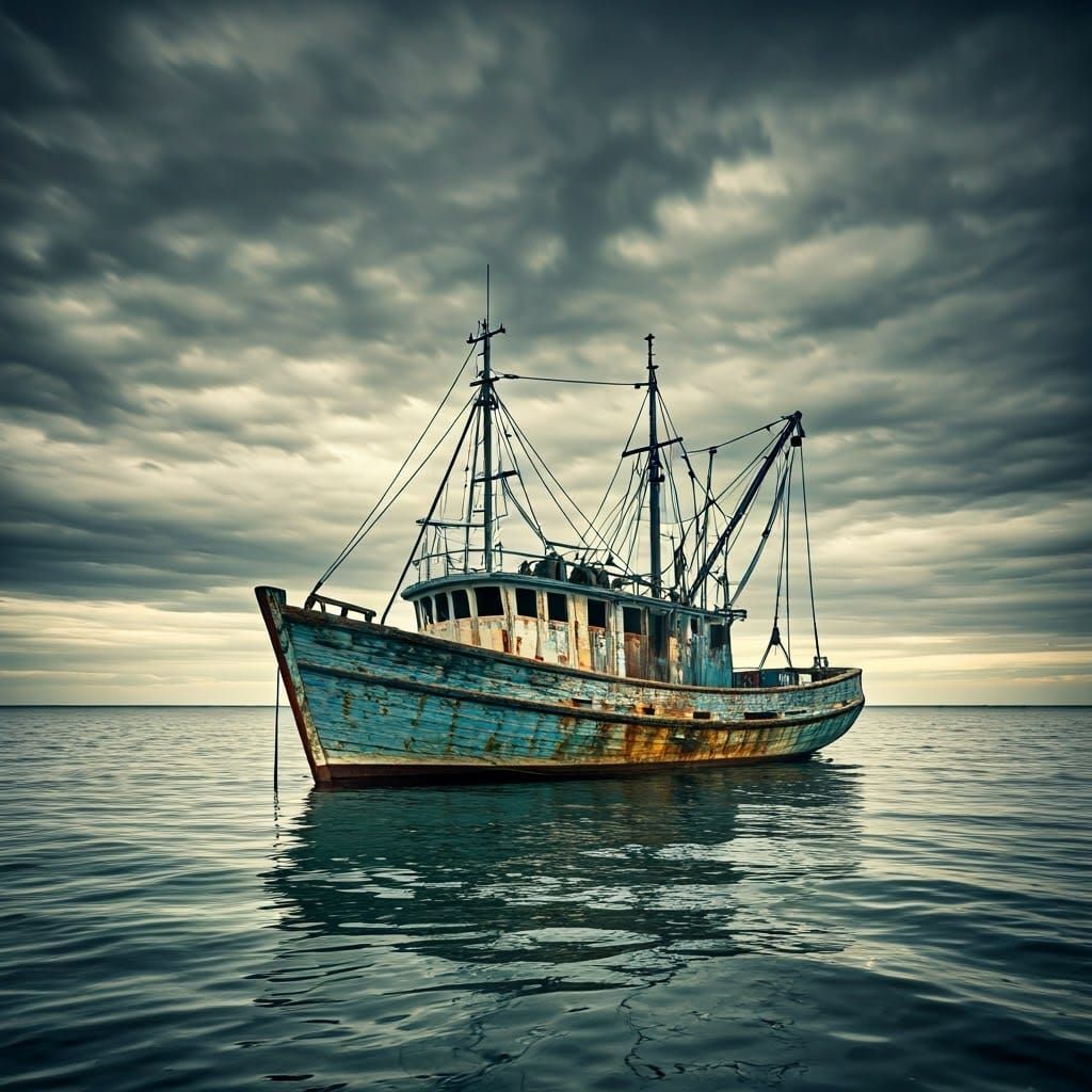 Dramatic Fishing Boat on Serene Waters