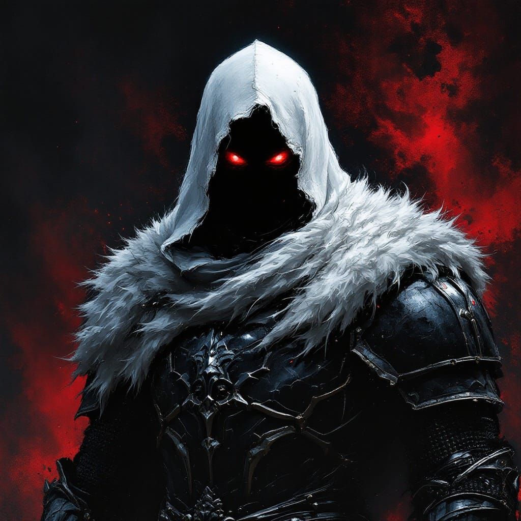 Somber Knight in Dark Armor with Glowing Eyes