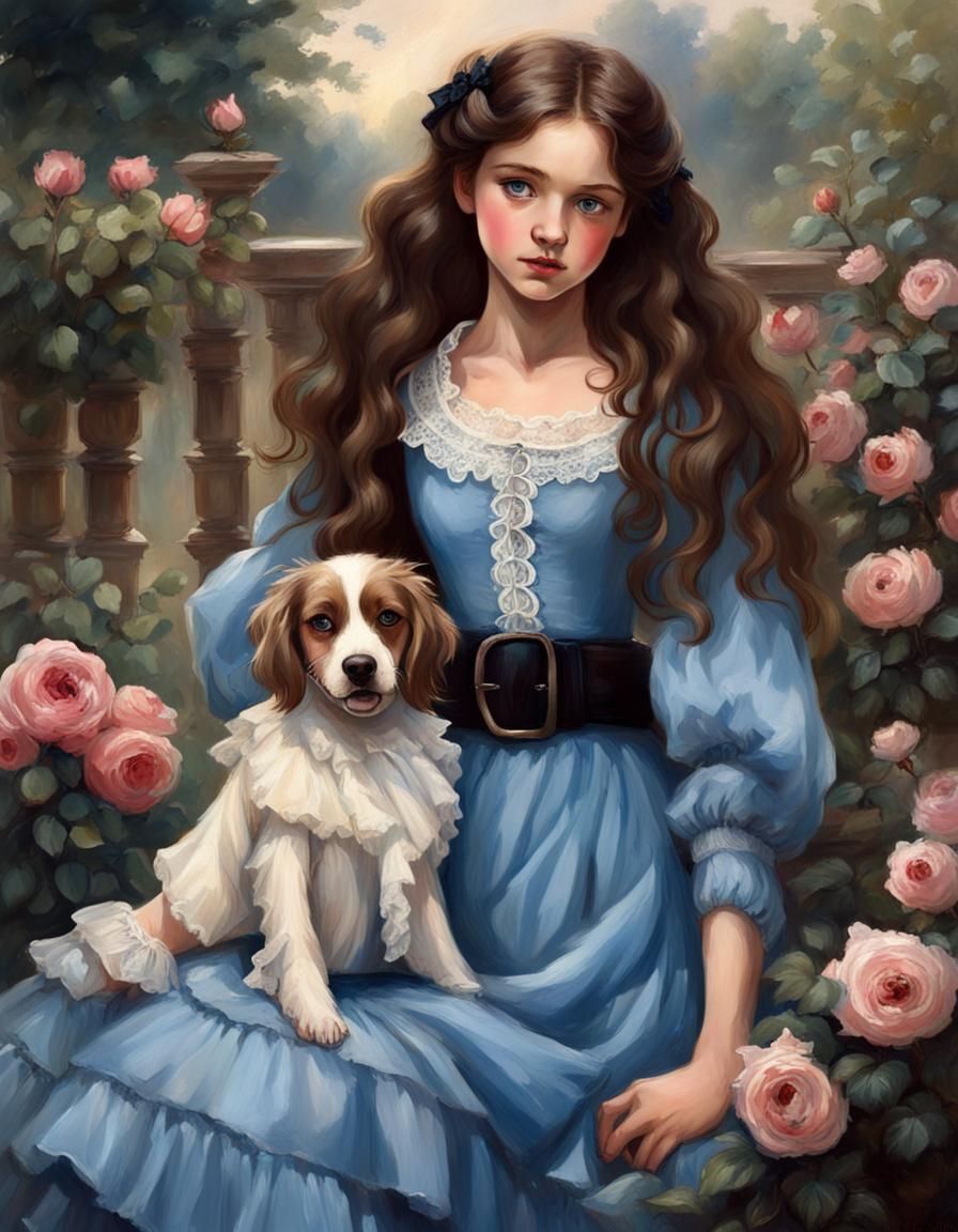 Girl in Edwardian Dress with Dog in Garden