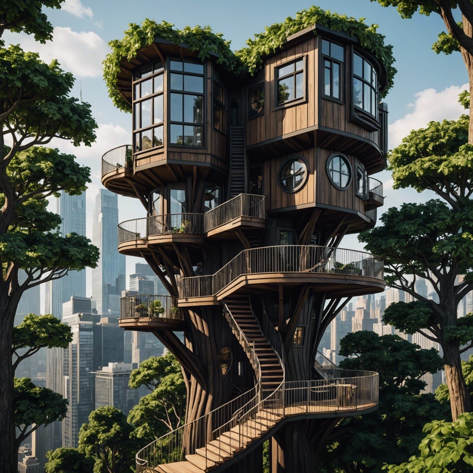 Hyperrealistic Stark Tower Treehouse in Cinematic Style