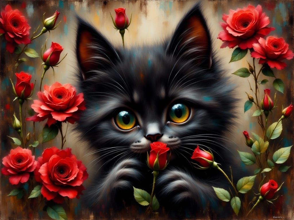 Whimsical Black Kitten Holds a Red Rose in Thick Impasto Pai...