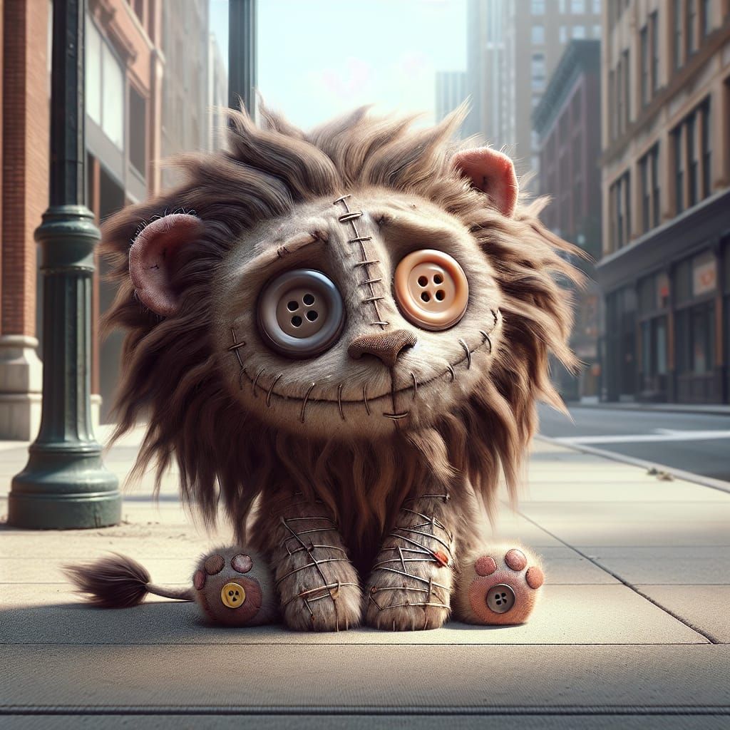 Surreal Urban Portrait of Scared yet Adorable Lion with Butt...