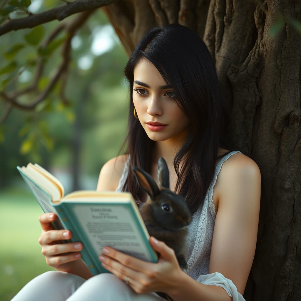 Woman Reading with Rabbit, Cinematic Film Still