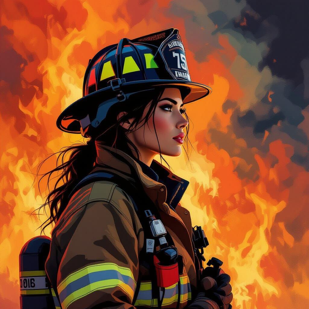 Brave Firefighter Against Inferno in Abstract Style