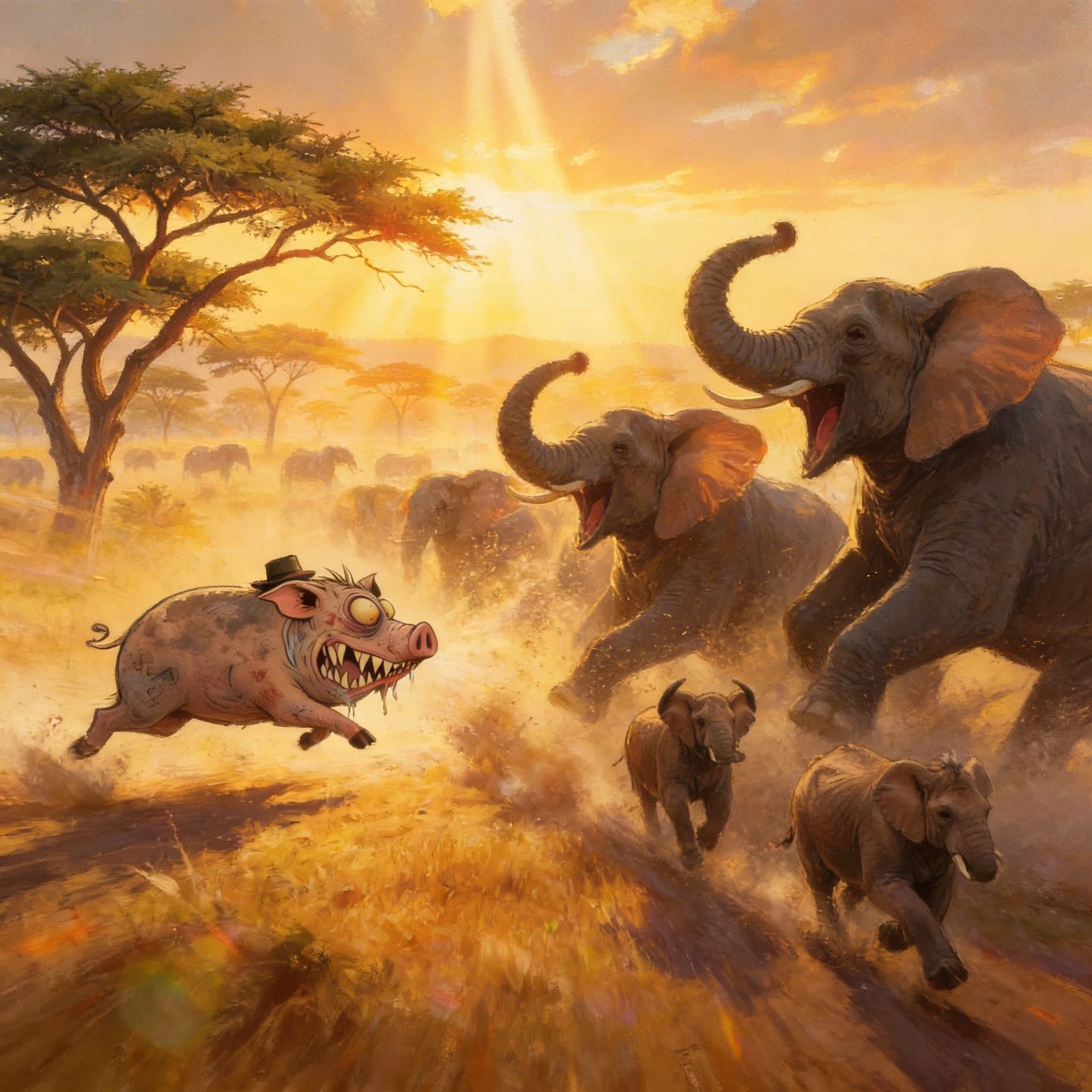 Pig Stampede Disrupts Elephant Herd at Golden Hour