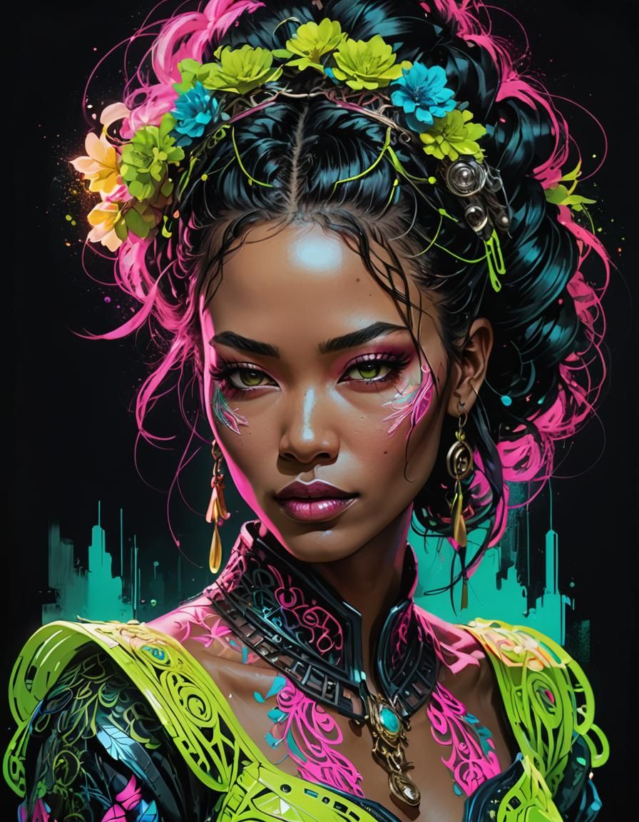 Woman in Ornate Neon Clothing: Fantasy Portrait