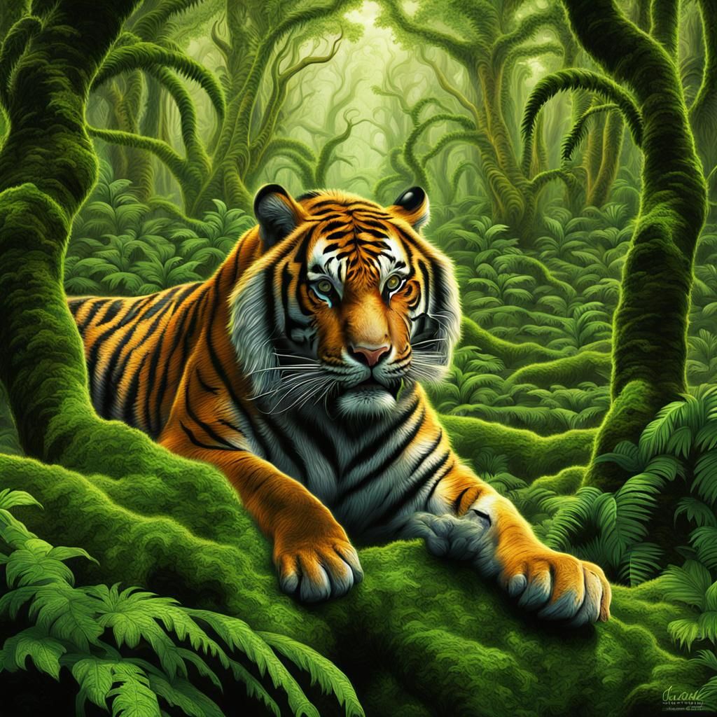Tiger Hunt in Lush Rainforest Canopy