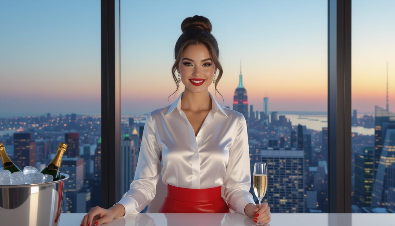 Sunset City View Office with Brunette, Photorealistic Style