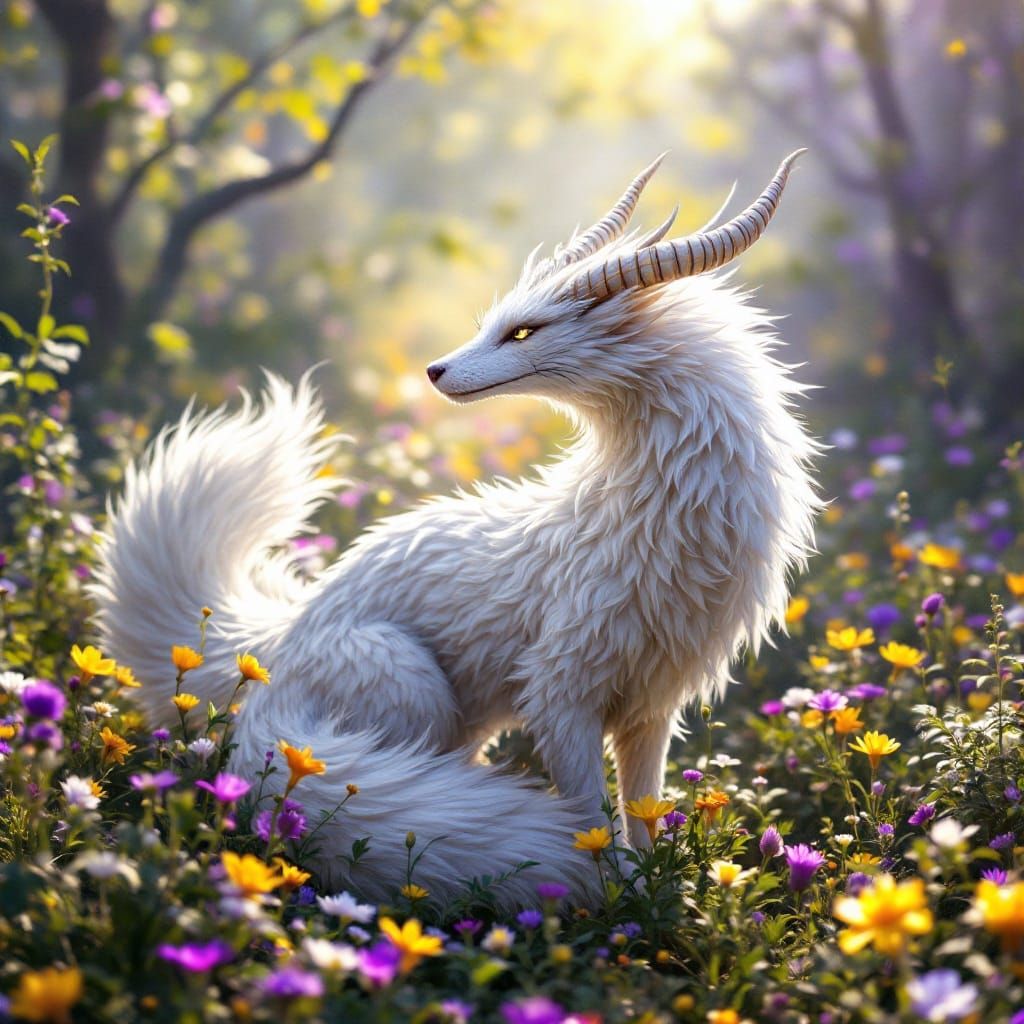 Majestic White Fox Dragon in Vibrant Lush Field