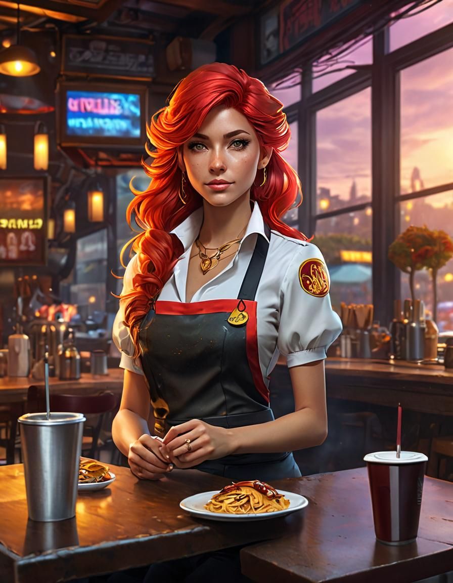 Sunset Shimmer Waitress Portrait in Cyberpunk Style