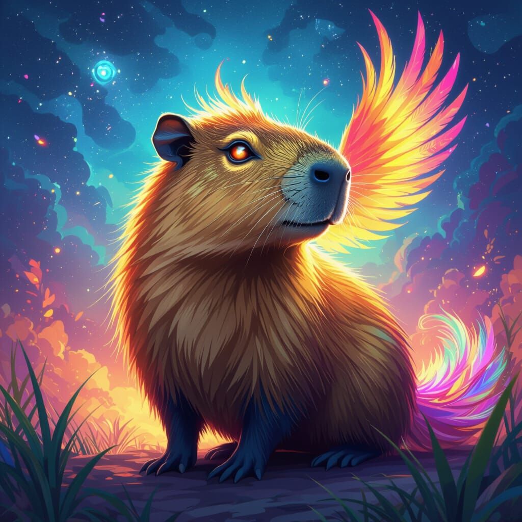 Majestic Capybara-Phoenix Hybrid in Dreamlike Style