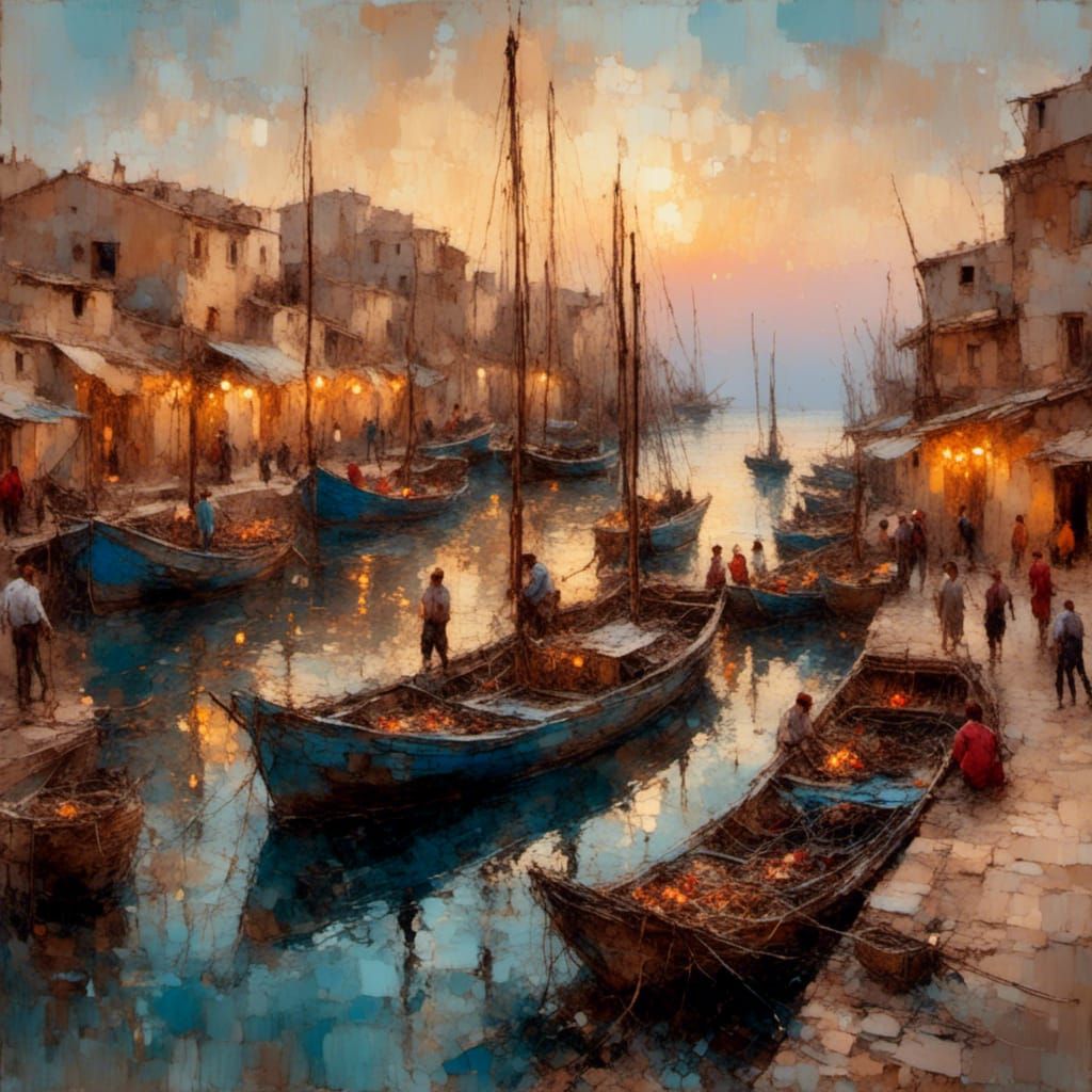 Bustling Port Scene as Impressionist Painting