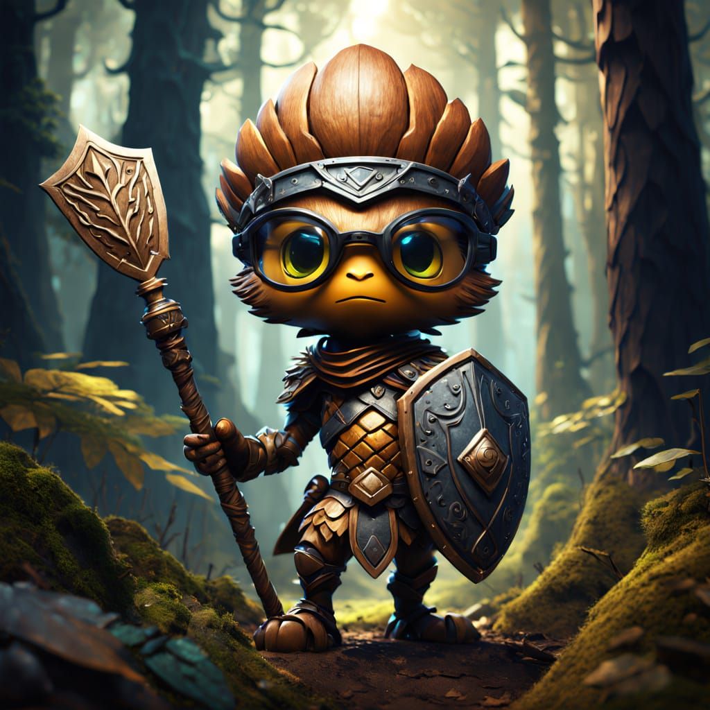 Futuristic Chibi Acorn Warrior in Mystical Forest