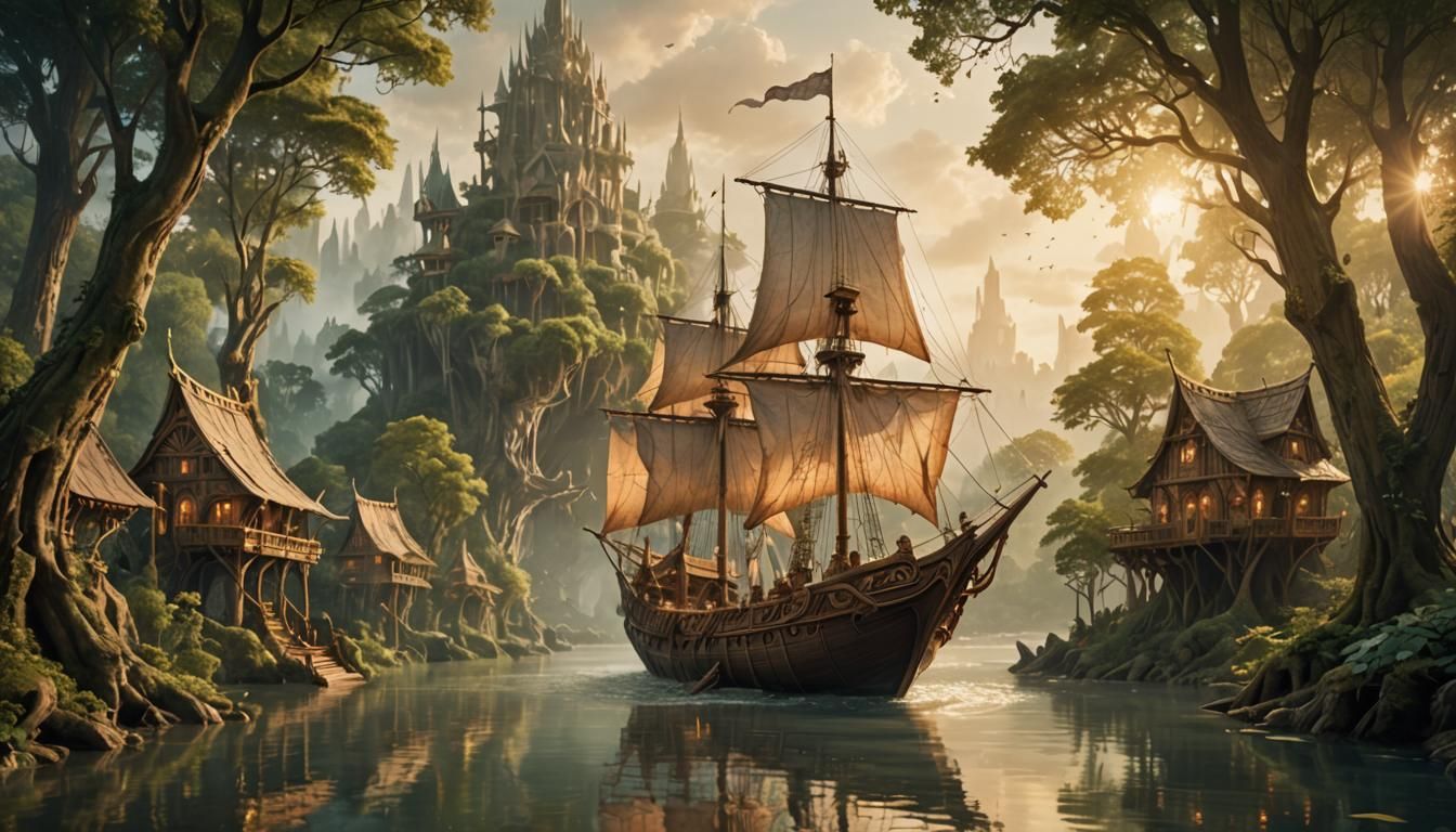 Elven Ship on Forest River: Fantasy Concept Art