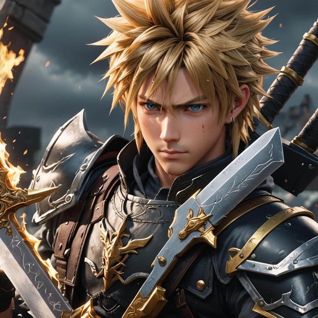 Cloud Strife with Buster Sword in 3D Anime Art