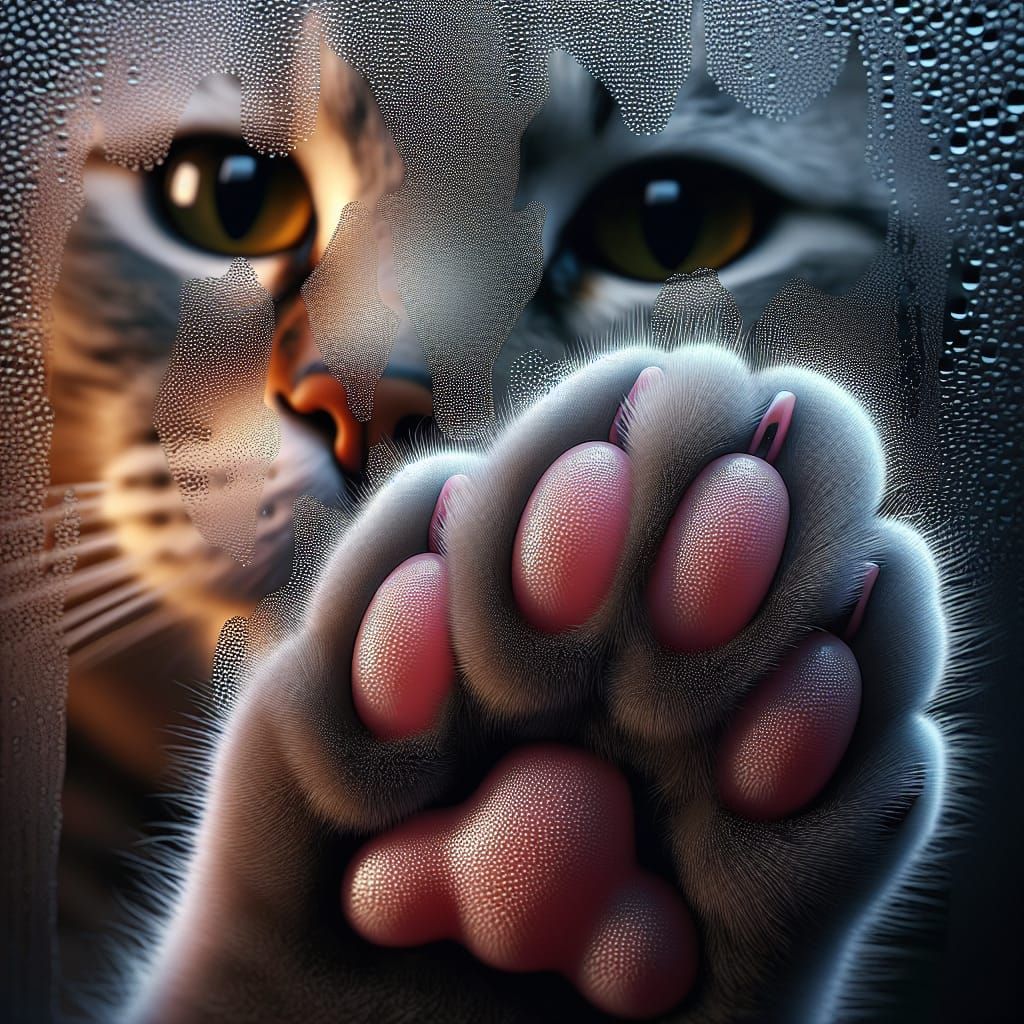 Hyperrealistic Cat Paw Touching Steamy Window