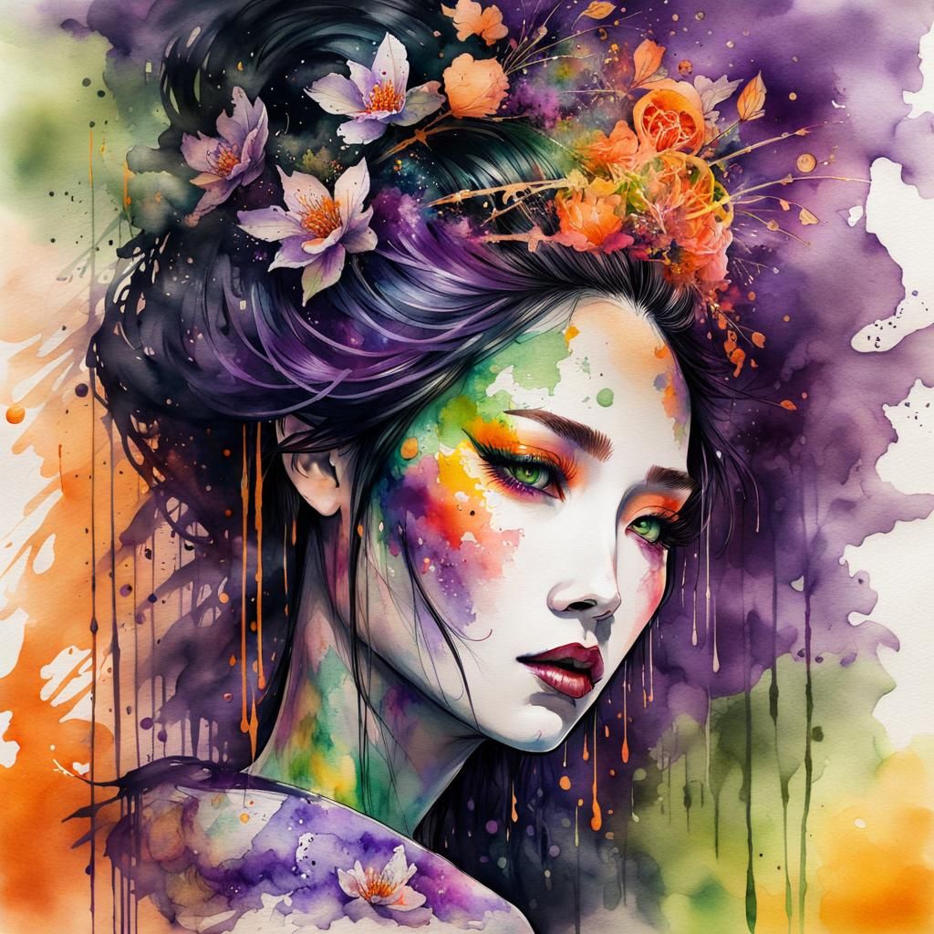 Geisha with Glowing Tattoos in Watercolor Style