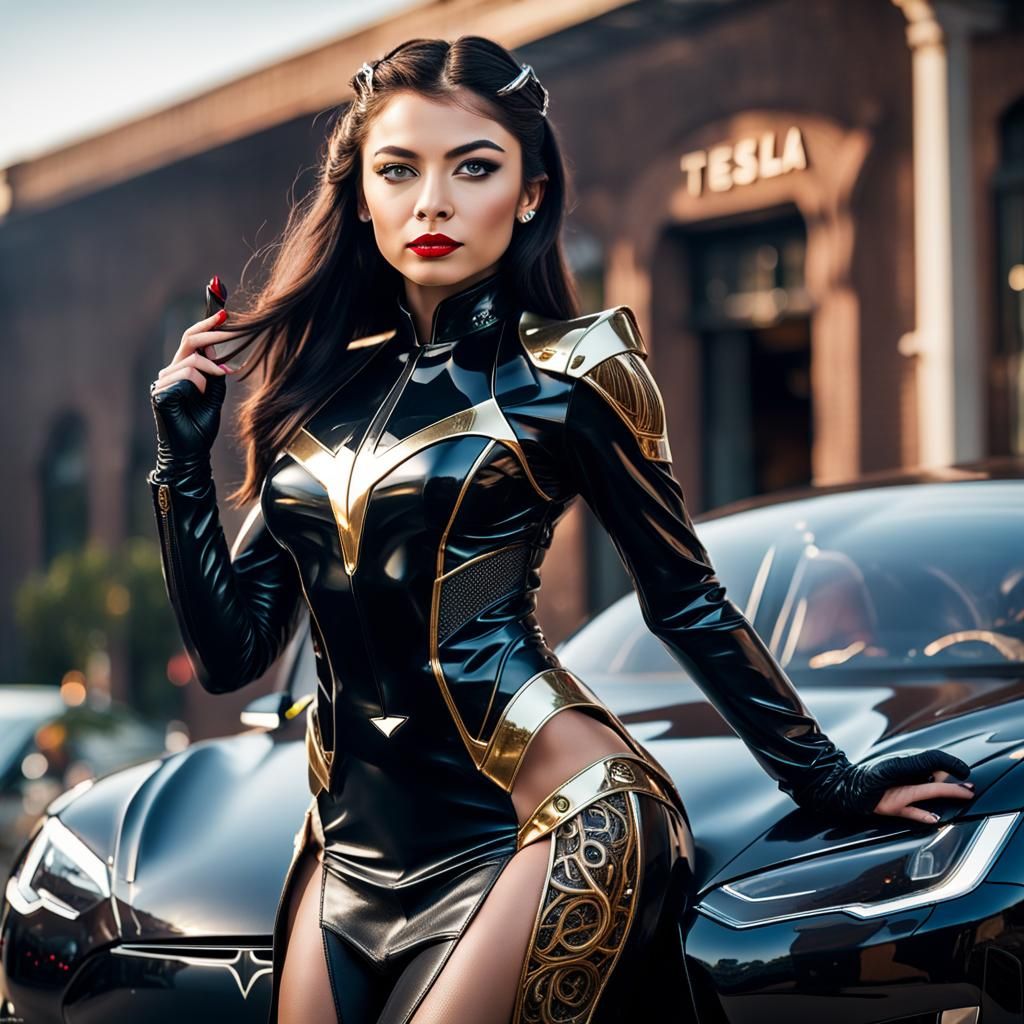 Beautiful Woman Poses on Tesla: Professional Photography