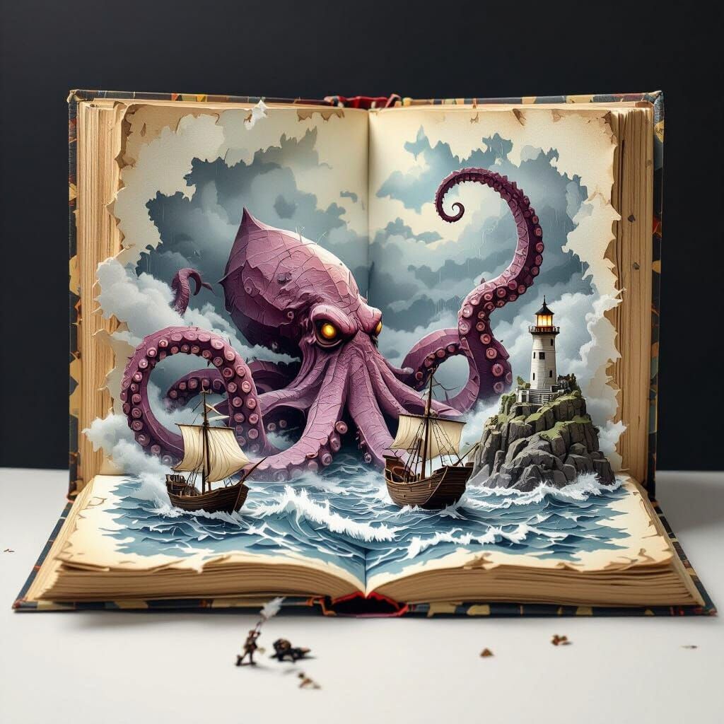 Intricate Pop-Up Book: Kraken Attacks Ship Near Lighthouse