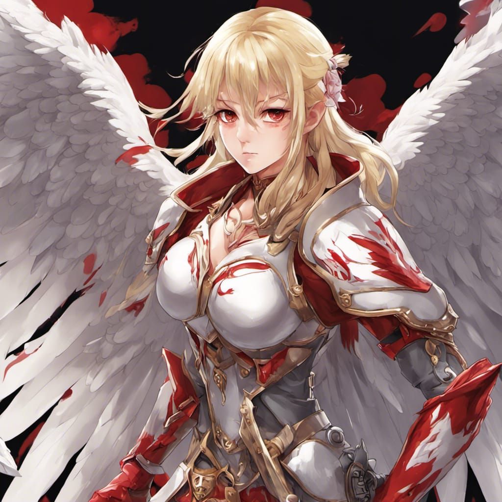 Anime Style: Blonde Warrior Angel in Red Armor
