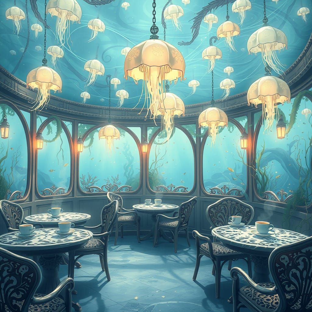 Whimsical Underwater Cafe in Anime Style