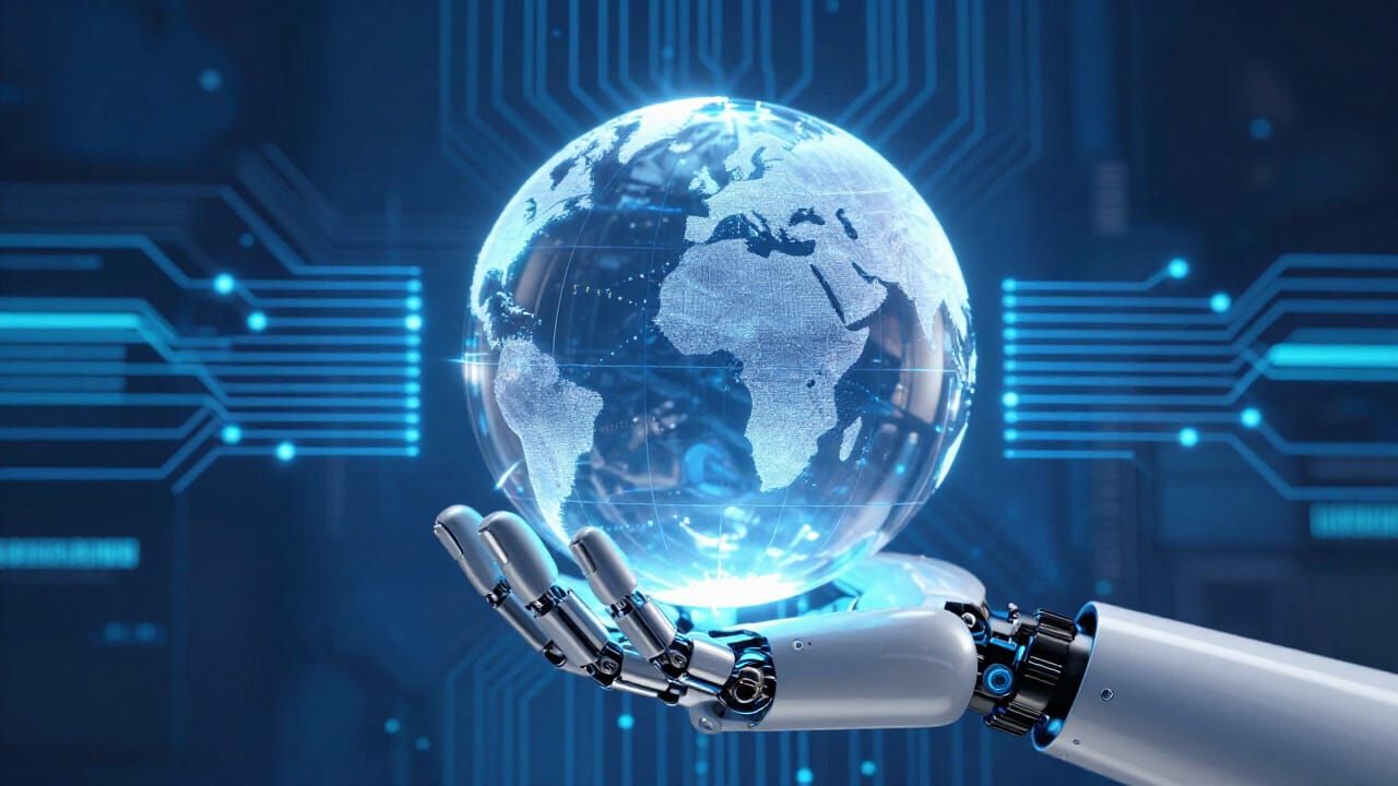 Robot Hand Holds Glowing Globe with AI Circuitry Background