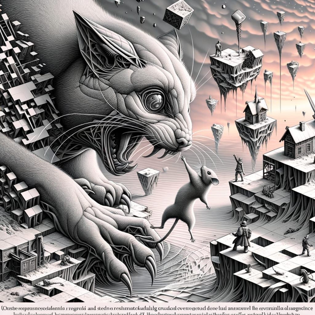 Surreal Cat and Mouse in Distorted Landscape