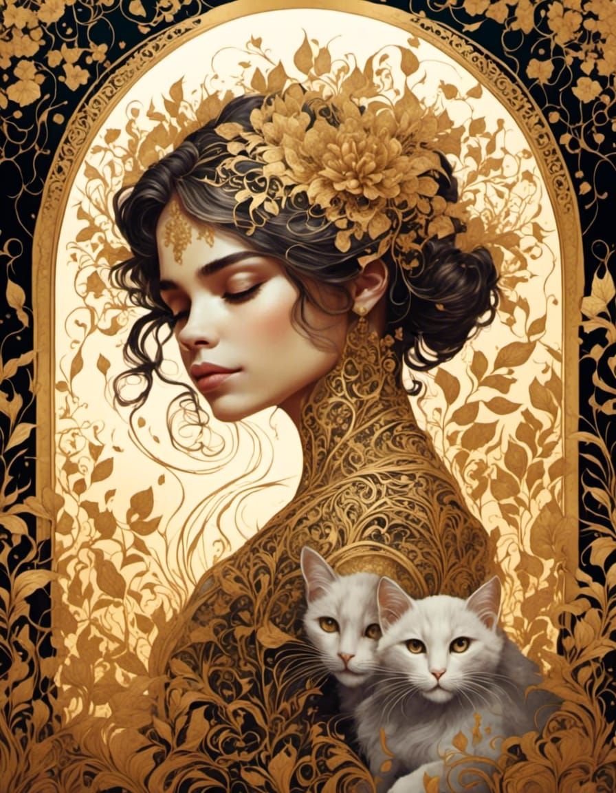 Girl and Cat with Detailed Gold Filigree