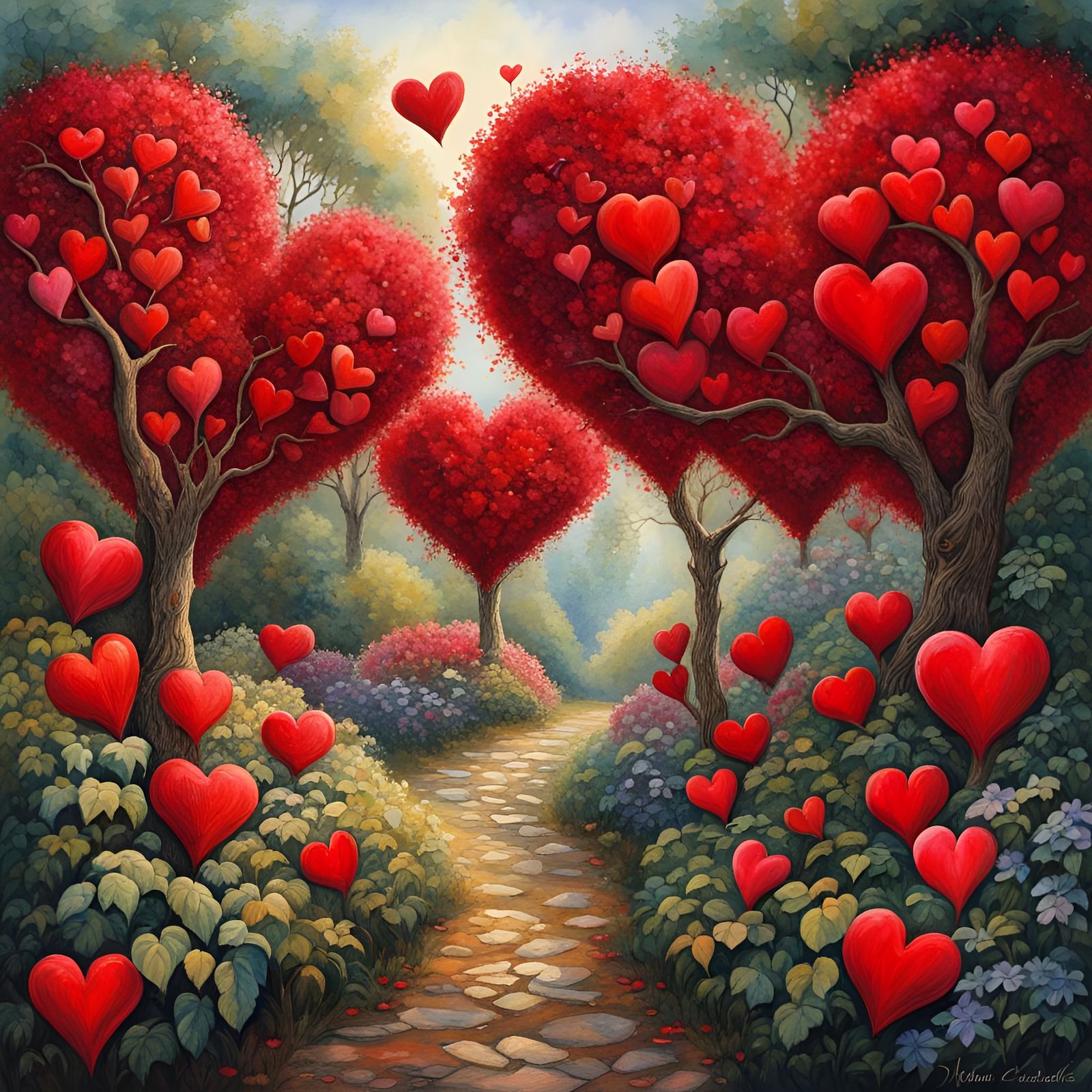 Heart Garden in Watercolor Style