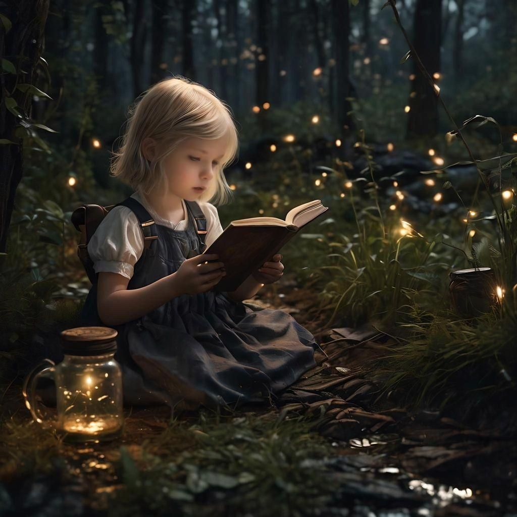 Child Reading by Fireflies in Dynamic Lighting