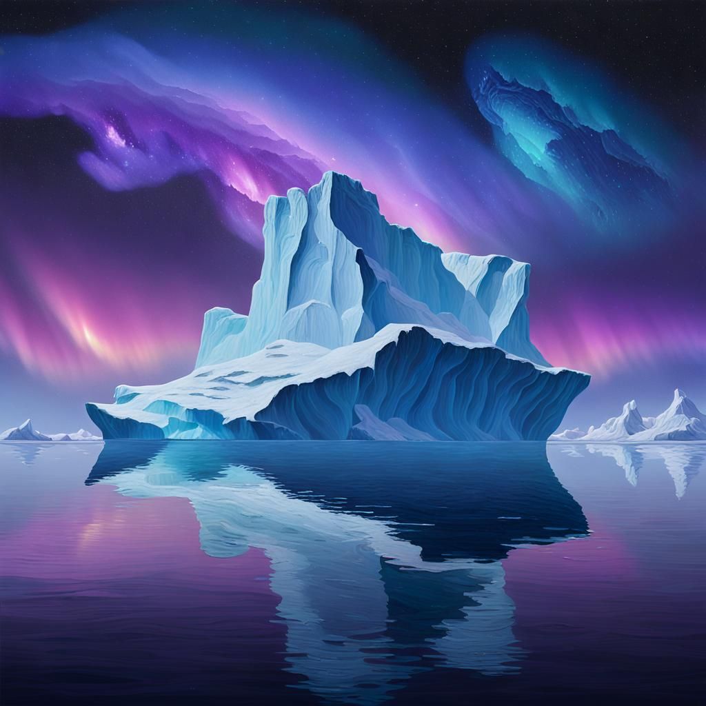 Surreal Iceberg Reflecting Stars in Dreamlike Painting